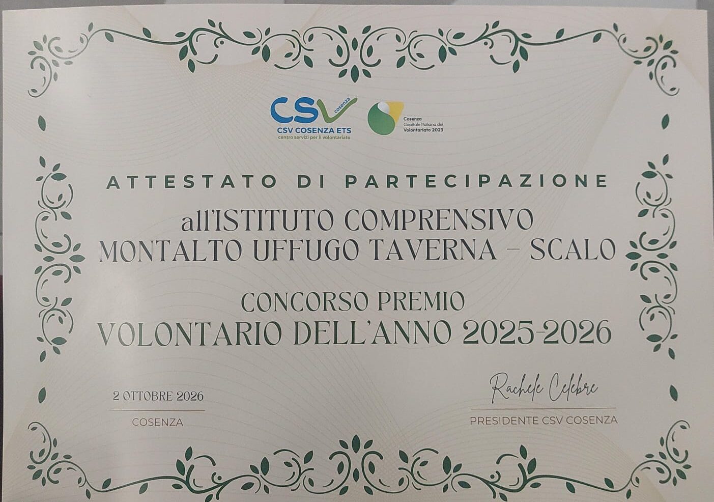 Il valore del dono. L' IC protagonista al “Concorso Volontario dell'anno 2025-2026”.
